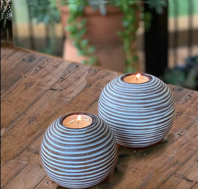Tuva Orb Candle Holders (Gift Boxed Set of 2), Table Centerpieces for Dining or Living Room, Spa, Bathroom, Kitchen Counter, Mantle or Coffee Table Decor (Light Brown and White)
