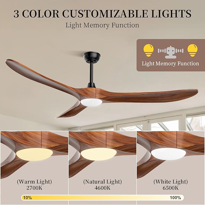 Obabala Ceiling Fans with Lights and Remote, 60inch Outdoor Ceiling Fan 3 Solid Wood Blades Fan with 3 Downrods for Patios, Modern Ceiling Fan with Noiseless Reversible DC Motor (Solid Wood, 60in)