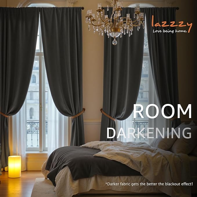 Lazzzy Velvet Blackout Curtains Thermal Insulated Room Window Drapes Super Soft Luxury Curtains for Living Room Bedroom Rod Pocket 2 Panels, Grey, 42" W x 84" L