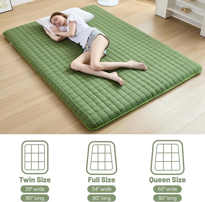 Japanese Floor Mattress Twin, Anti-Slip Japanese Futon Foldable Tatami Mat for Guests, Green