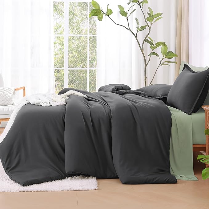 Litanika Dark Grey Comforters Oversized Queen Size, 3 Pieces Lightweight Solid Bedding Comforter Set, All Season Fluffy Bed Set (98x98In Comforter & 2 Pillowcases)