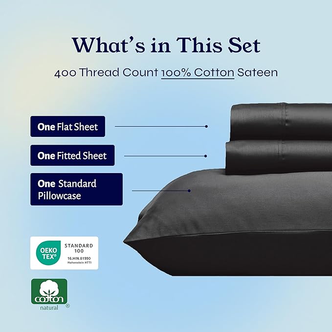 California Design Den Twin XL Sheet Sets - 400 Thread Count Sateen, 100% Cotton Sheets Set, Deep Pockets, Cooling and Durable Bedding for Dorm Rooms & Adults - Black