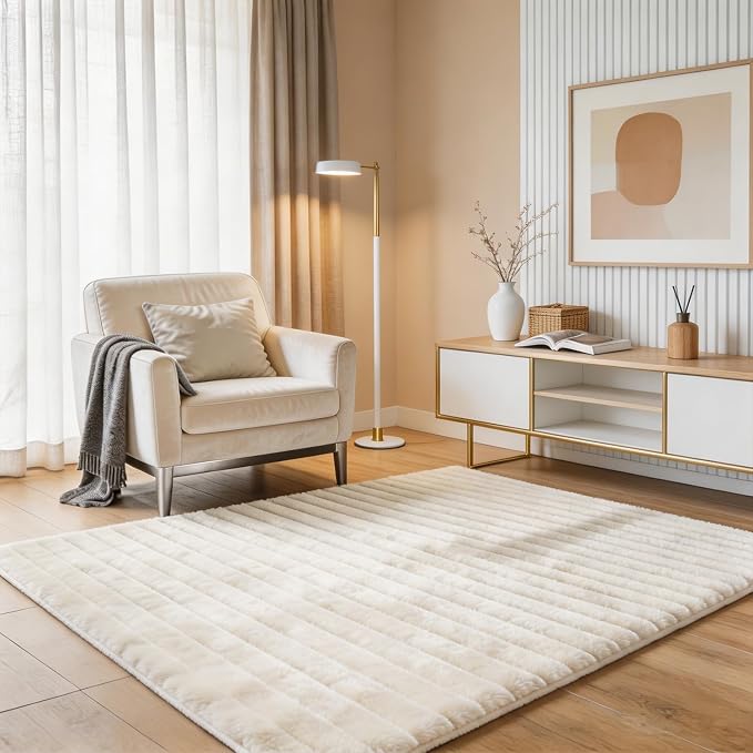 Creamy White Rabbit Striped Plush Rug 4'x6', Fluffy Faux Fur Shaggy Area Rug by CHOVY
