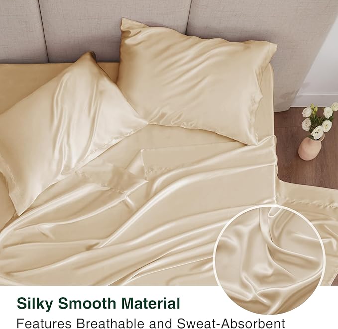 Love's cabin Satin Sheet Set, 3 Piece - Twin XL, Beige, Luxury Silky Soft Bed Linen with Deep Pockets