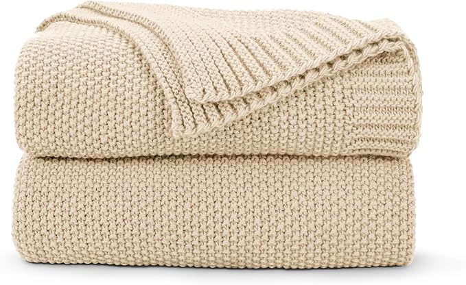 CozeCube Light Beige Seed Stitch Throw Blanket 50"x60", Farmhouse Decor | by CozeCube