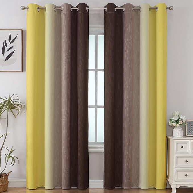 Brown and Yellow Blackout Curtains 52Wx96L Inch 2 Panels | Thermal Insulated - Image 2