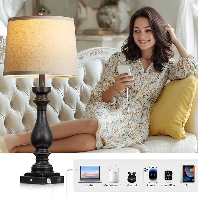 29" Tall Vintage Table Lamps Set of 2,Black Farmhouse Bedside Lamps with USB C+A Ports & AC Outlet,3-Way Dimmable Touch Lamp for Night Stands Living Room Bedroom,Black