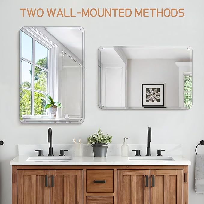 Frameless Bathroom Mirror for Over Sink,Wall Mounted Vanity Mirrors 22x28in,Rounded Rectangle Mirror Frameless with Polished Edge for Bedroom,Living Room,Entryway,Shatterproof (Horizontal/Vertical)
