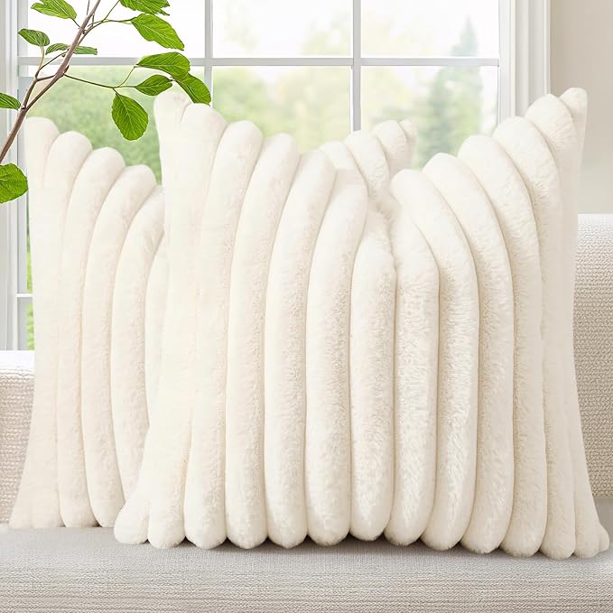 decorUhome Fall Faux Fur Throw Pillow Covers 24x24 Set of 2 Cream White | by decorUhome