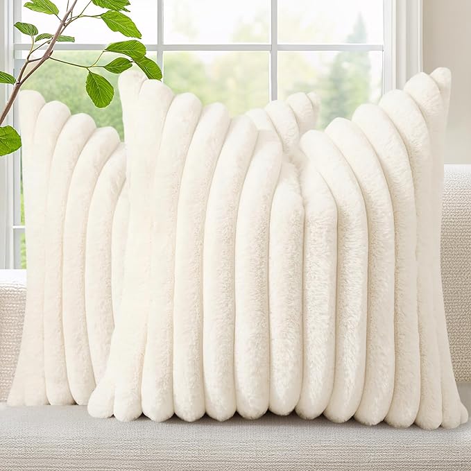 decorUhome Fall Faux Fur Throw Pillow Covers 18x18 Set of 2 Cream White | by decorUhome