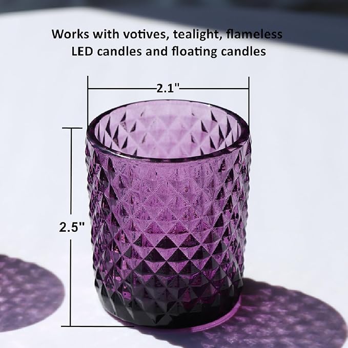 Woho 12pcs Purple Votive Candle Holders, Glass Tealight Candle Holder for Vintage Halloween Party Decor, Tea Lights Candle Holder for Wedding Engagement Table Centerpiece