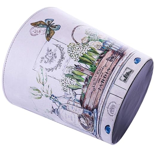 Wastebasket, British Style PU Leather Round Decorative Trash Bin Garbage Can Wastebasket Without Lid for Living Room Home Office - Plants and Butterfly