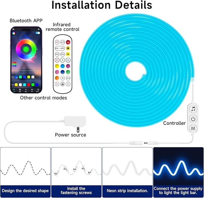 LED Neon Rope Lights, 16.4ft RGB LED Light Strip, 24V Music Sync App/Remote Control DIY Rope Light, IP67 Waterproof Gaming Neon Strip Lights for Bedroom Indoor Oudoor Décor