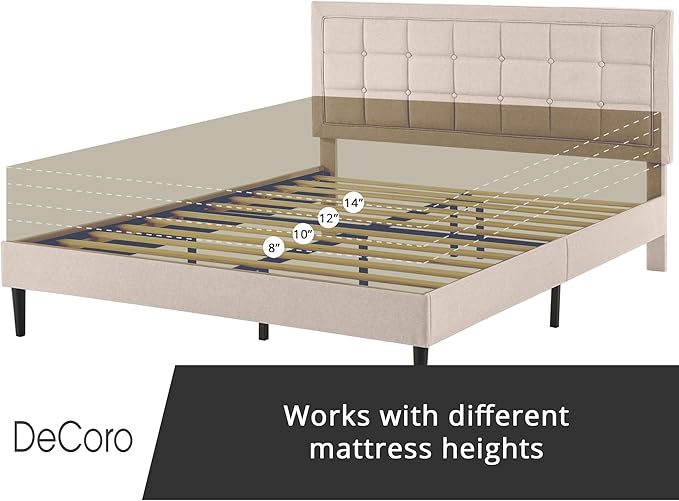 Decoro Mornington Upholstered 2.0 Platform Bed, Button-Tufted Fabric Headboard and Metal Frame with Wood Slat Support, Linen, Full