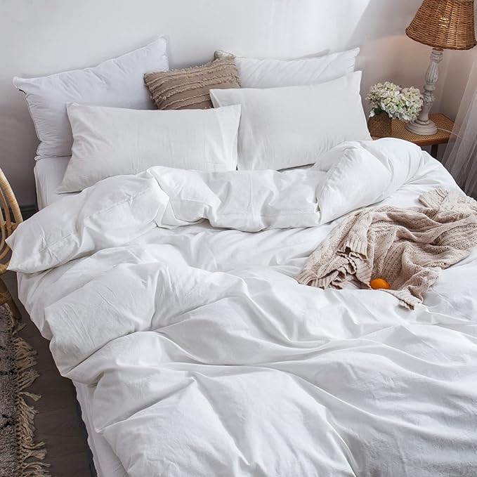 MooMee Bedding Duvet Cover Set 100% Washed Cotton Linen Like Textured Breathable Durable Soft Comfy (Solid Off White, Super King 108"x98")
