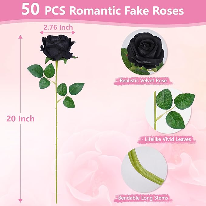 BLEUM CADE 50 Pcs Black Roses Artificial Flowers, Real Touch Velvet Roses Fake Flowers Bulk, Artificial Roses Bouquet with Long Stems Bridal DIY Wedding Party Centerpiece Decorations