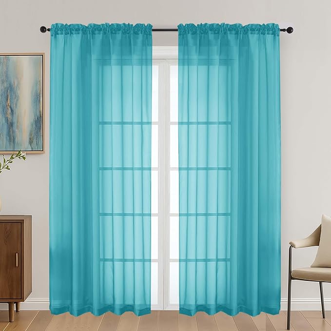 Turquoise Sheer Curtains 72 Inches Long 2 Panels Set, Light Filtering Sheer by OVZME
