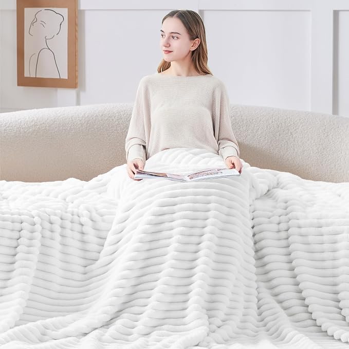 BEDELITE Striped Fleece Throw Blanket, Bright White, Soft Cozy, Lightweight Warm - Image 3
