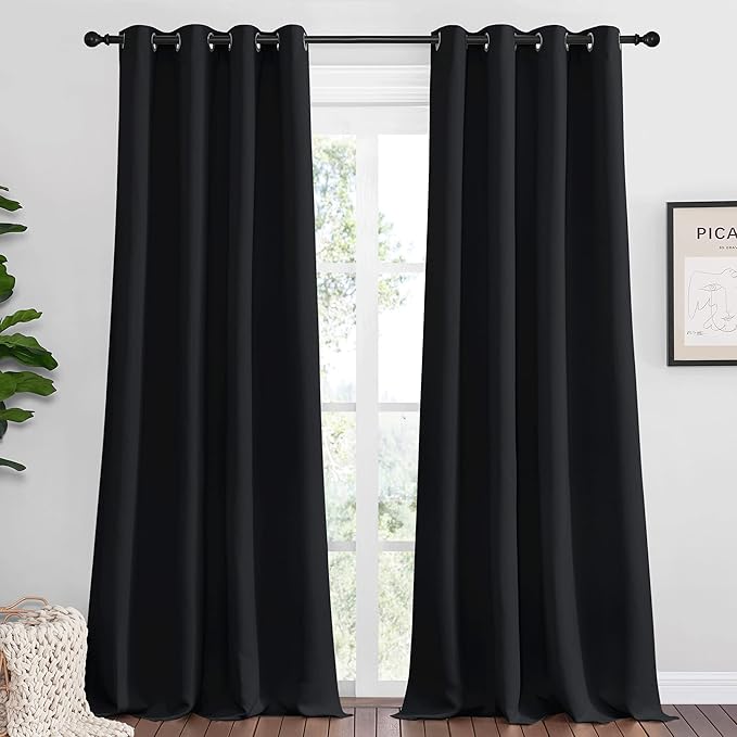 NICETOWN Patio Blackout Long Curtain Shades, 2 Panels, 55 inches x 120 inches, Black, Summer Home Decoration Thermal Insulated Grommet Blackout Draperies/Drapes for Kitchen
