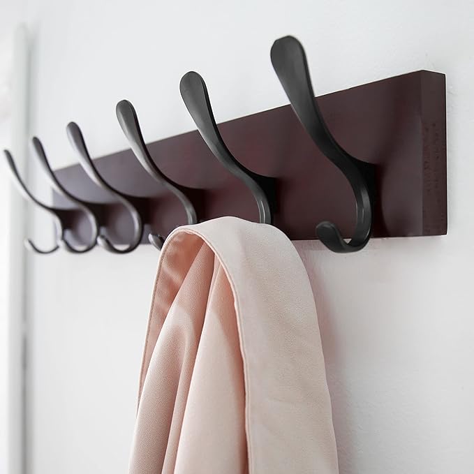SKOLOO Coat Rack Wall Mount - Wooden Brown Wall Coat Hook, Wall Coat Hanger Rack with 6 Hooks for Hanging Coats, Hats, Clothing, Scarfs, Brown & Black