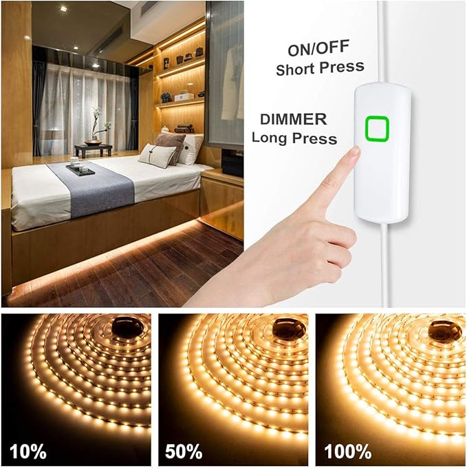 MYPLUS Under Cabinet Lighting Kit, 32.8 Ft Dimmable Led Strip Lights with 600 LEDs,12V, Low Power Safety Adapter, Flexible Tape Light for Kitchen Cabinet,Bedroom,Counter,Shelf (Warm White-3000k)