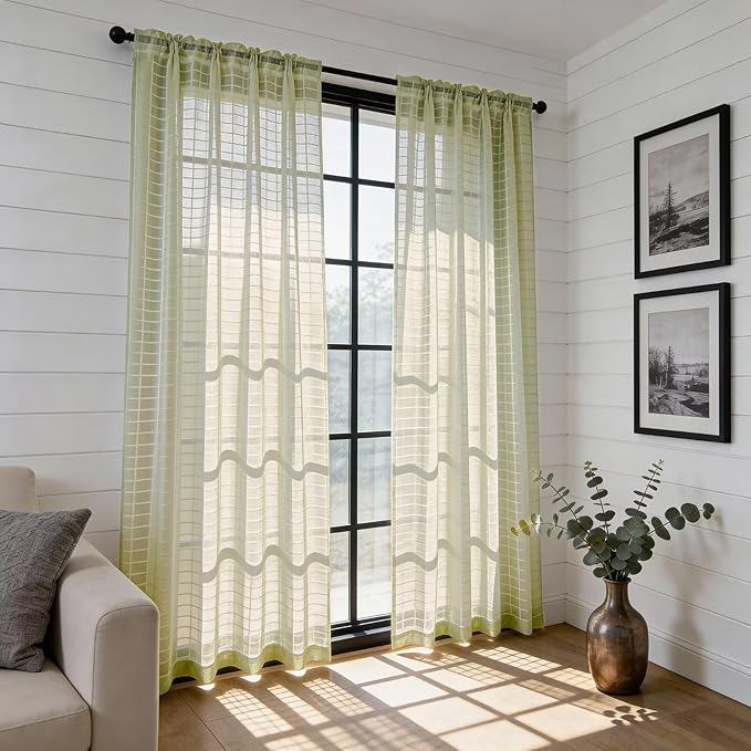 SpaceDresser Check Sheer Curtains 84 Inches 2 Panels Set, Rod Pocket Plaid - Image 4