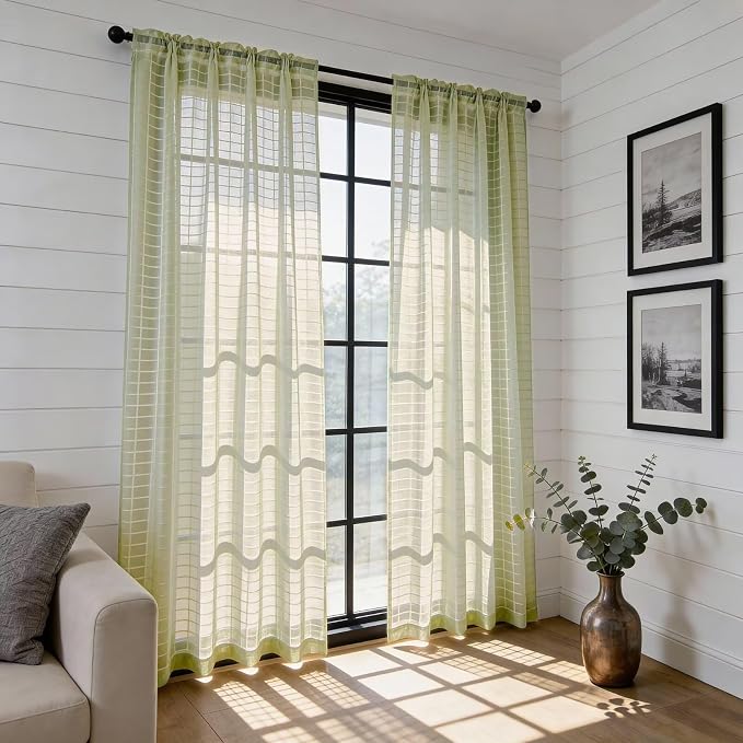 SpaceDresser Check Sheer Curtains 108 Inches 2 Panels Set, Rod Pocket Plaid - Image 4