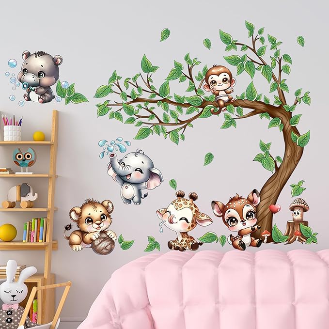 Jungle Animal Wall Stickers Forest Safari Wall Decals Kid Room Nursery Baby Bedroom Décor (Happy Animal Bending Tree)
