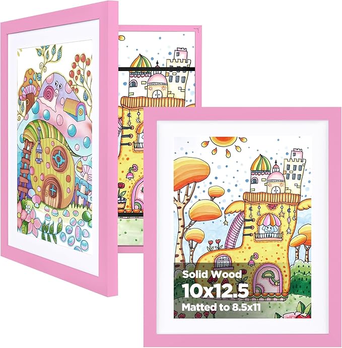 KINLINK 10x12.5 Kids Art Frames Set of 2, Solid Wood Kids Artwork Frames Changeable with Acrylic Front Opening Holds 150 Pictures, Art Frame for Kids Artwork with Mat or without Mat, Pink