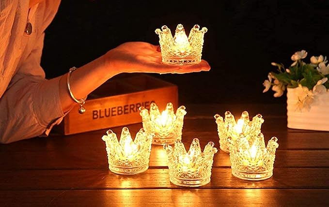 Vixdonos Clear Votive Candle Holders Set of 6 Crown Glass Tealight Candle Holder for Wedding, Party and Home Decor