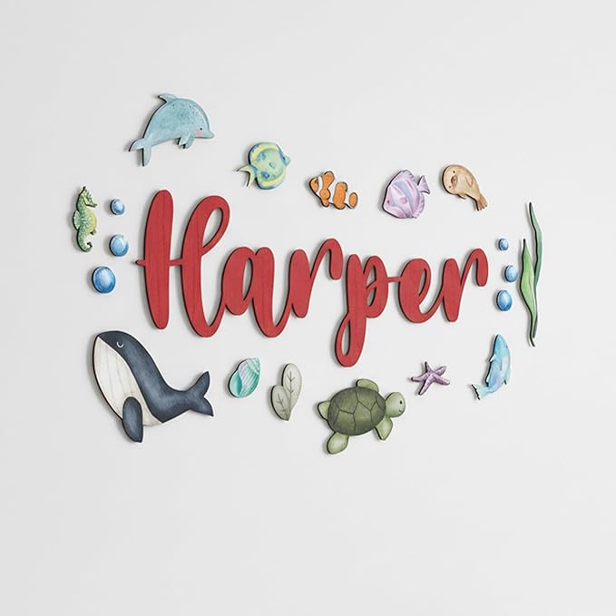 Custom Nursery Name Sign with Themed Decor Kit | Personalized Wooden Wall Art for Baby, Kids Room | Space, Jungle, Circus, Under the Sea, Woodland, Rainbow (50", Under the Sea)