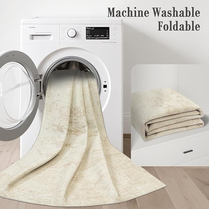 2.6x8 Washable Runner Rug：Modern Abstract Kitchen Soft Carpet Beige | - Image 6