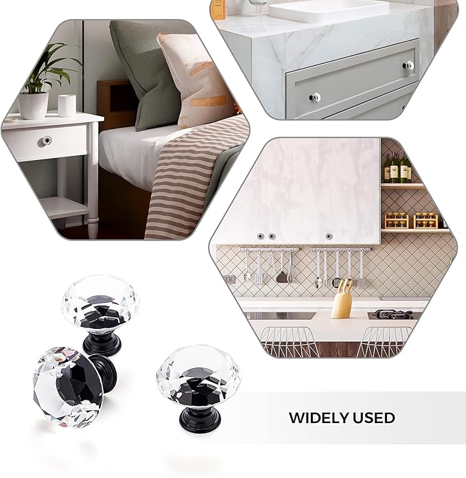 Ravinte 25 Pack Crystal Knobs for Dresser Drawers - 30 mm Glass Cabinet Knobs With Black Base, Diamond Shaped
