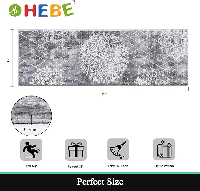 HEBE Hallway Runner Rug 2'x6', Washable Non Slip Kitchen Rug Runner | Soft Boho - Image 2