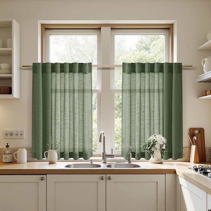 Olive Green Linen Curtains 24 Inch Length - Image 7