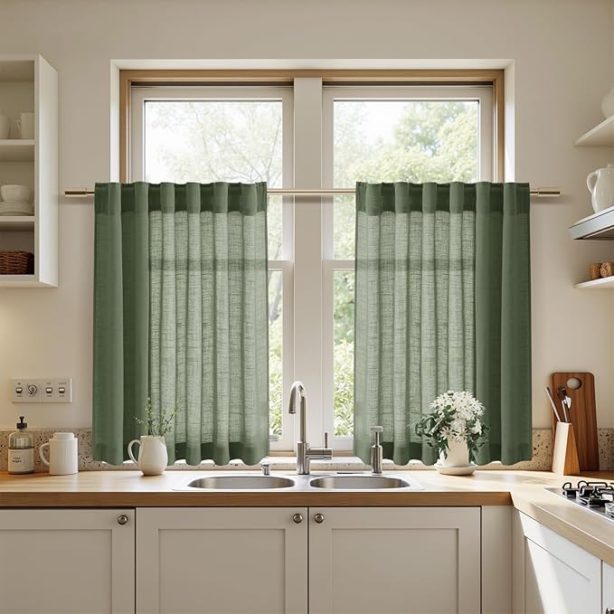 Olive Green Linen Curtains 30 Inch Length Short Kitchen, Semi Sheer Light - Image 7