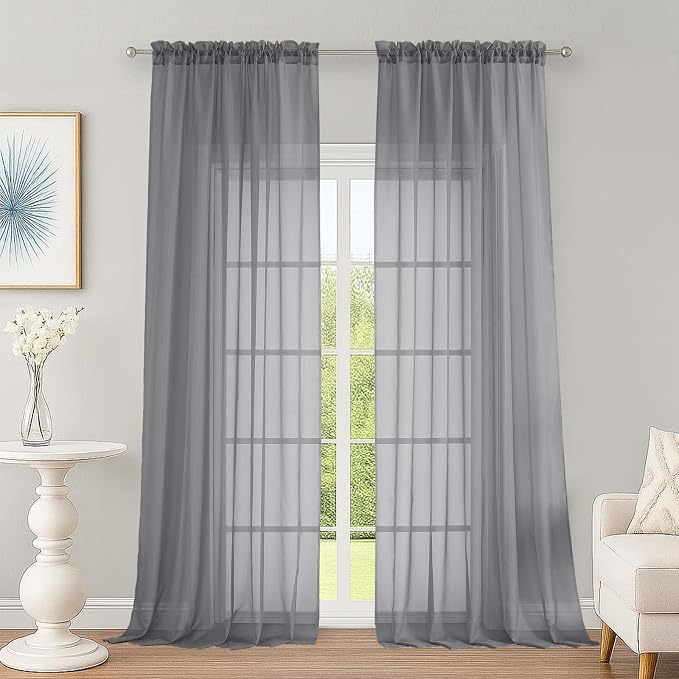 Extra Long Grey Sheer Curtains 96 Inches Long 2 Panels Set, Soft Lightweight by OWENIE
