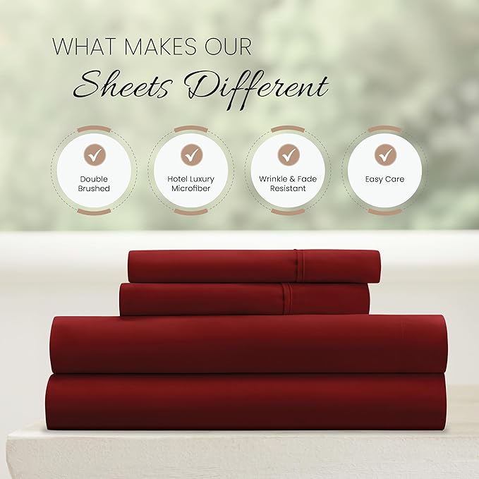 Linen Market Brushed Microfiber Full Sheet Set 4 Piece – Oeko-TEX Certified Ultra Soft & Wrinkle-Free - 16" Deep Pocket Sheets - Easy Care Full Size - Burgundy