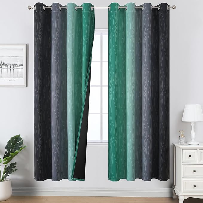 Black and Green Ombre Blackout Curtains 72 Inches Long | Gradient Color Curtains by ESTELARTEXTILER