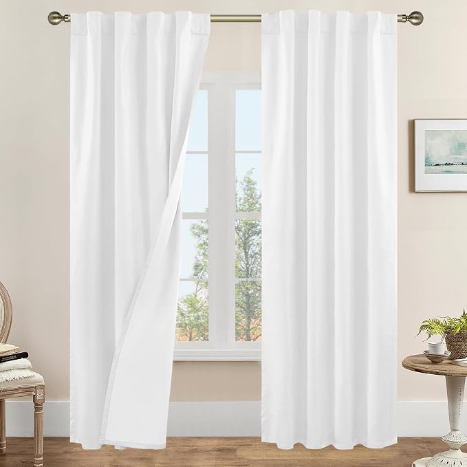 White 100% Blackout Linen Curtains 84 Inches Long by LAMIT