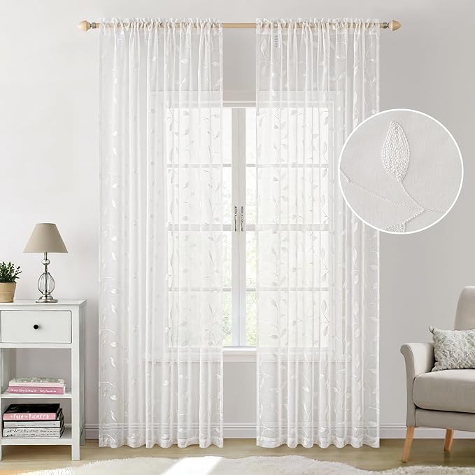 MIULEE White Sheer Curtains 2 Panels Embroidered Leaf Patterned, W52 x L84 | - Image 2