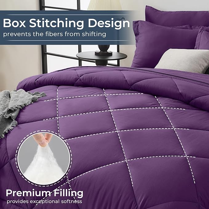 HEVUMYI Grape Purple Full Comforter Set - 7-Piece All Season Bed in a Bag Full, Ultra Soft Bedding Set with Comforter, Flat Sheet, Fitted Sheet, Pillowcases, Pillow Shams