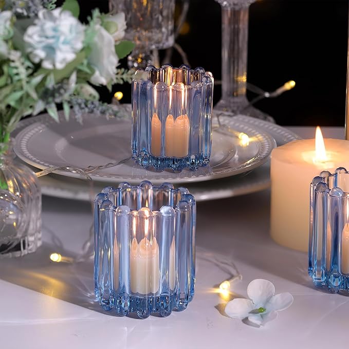 6 PCS Votive Candle Holder, Blue Glass Candle Holders, Tealight Candle Holder for Wedding Centerpieces Dinner Party Baby Shower Table Decor
