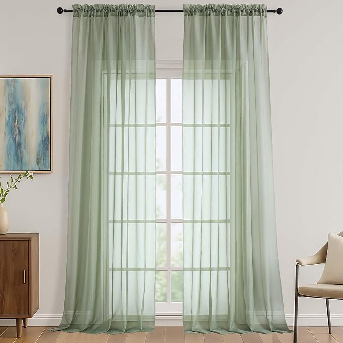 Sheer Sage Green Curtains 108 Inches Long 2 Panels Set, 59 Inch Extra Wide by OVZME