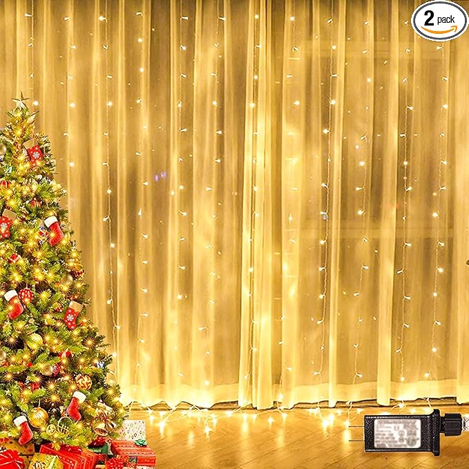 Twinkle Star 300 LED Window Curtain String Light for Christmas Wedding Party Home Garden Bedroom Outdoor Indoor Wall Decorations (Warm White), 2 Pack