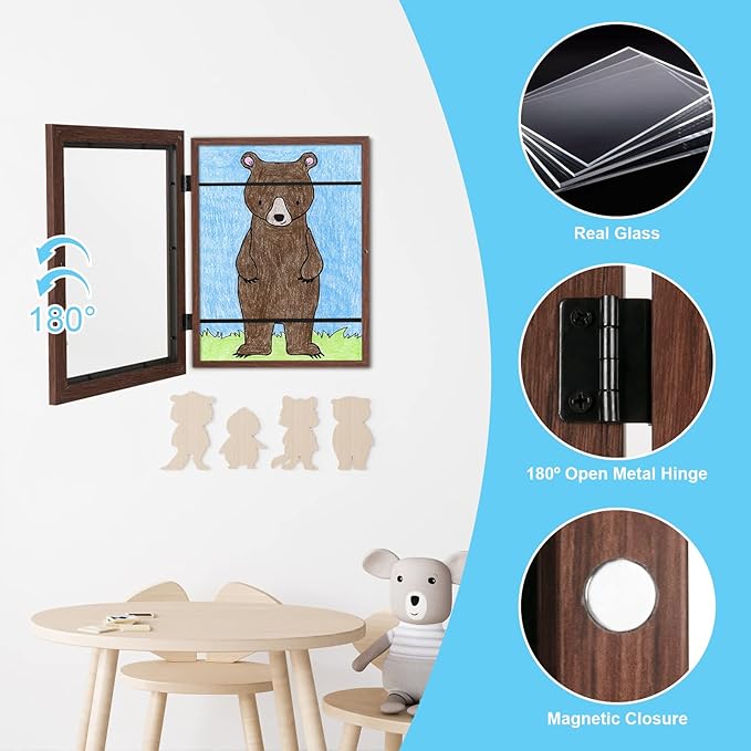 [3Pack] Kids Art Frames, 9x12 Front Opening Kids Artwork Frames Changeable, Brown Artwork Display Storage Frame for Wall, Holds 50 Pcs, for 3D Picture, Crafts, Children Drawing, Hanging Art, Portfolio