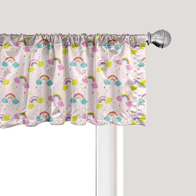 Ambesonne Cartoon Window Valance, Pastel Rainbows Clouds Raindrops Sky Theme, Curtain Valance for Kitchen Bedroom Decor with Rod Pocket, 54" X 12", Rose and Multicolor