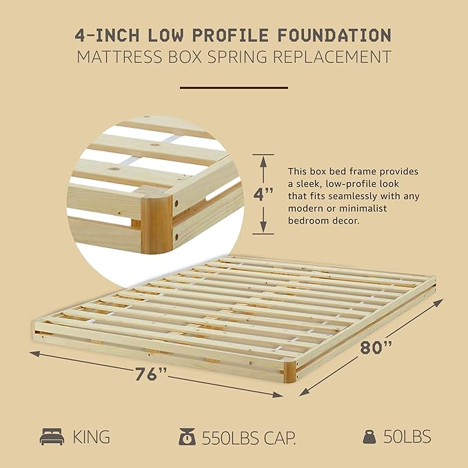 Hercules 4 Inch Low Profile Foundation Mattress Box Spring Replacement, King