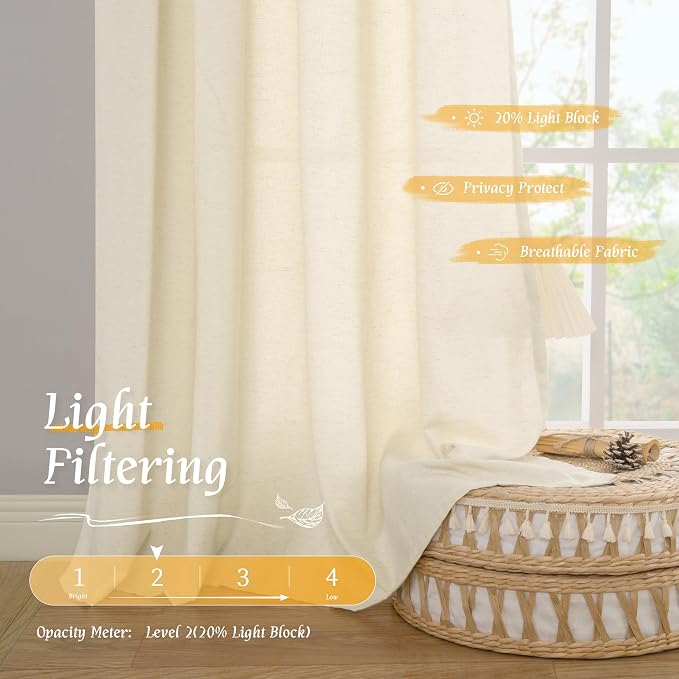 Light Beige Linen Semi Sheer Curtains 45 Inch - Image 4