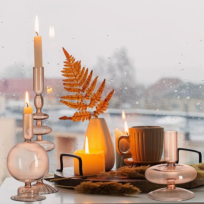 Rtteri 3 Pcs Glass Candlestick Holders Glass Candle Holders Groovy Wavy Elegant Taper Candle Stick for Wedding Home Birthday Party Christmas Halloween Decoration Windowsill Decor(Light Brown)